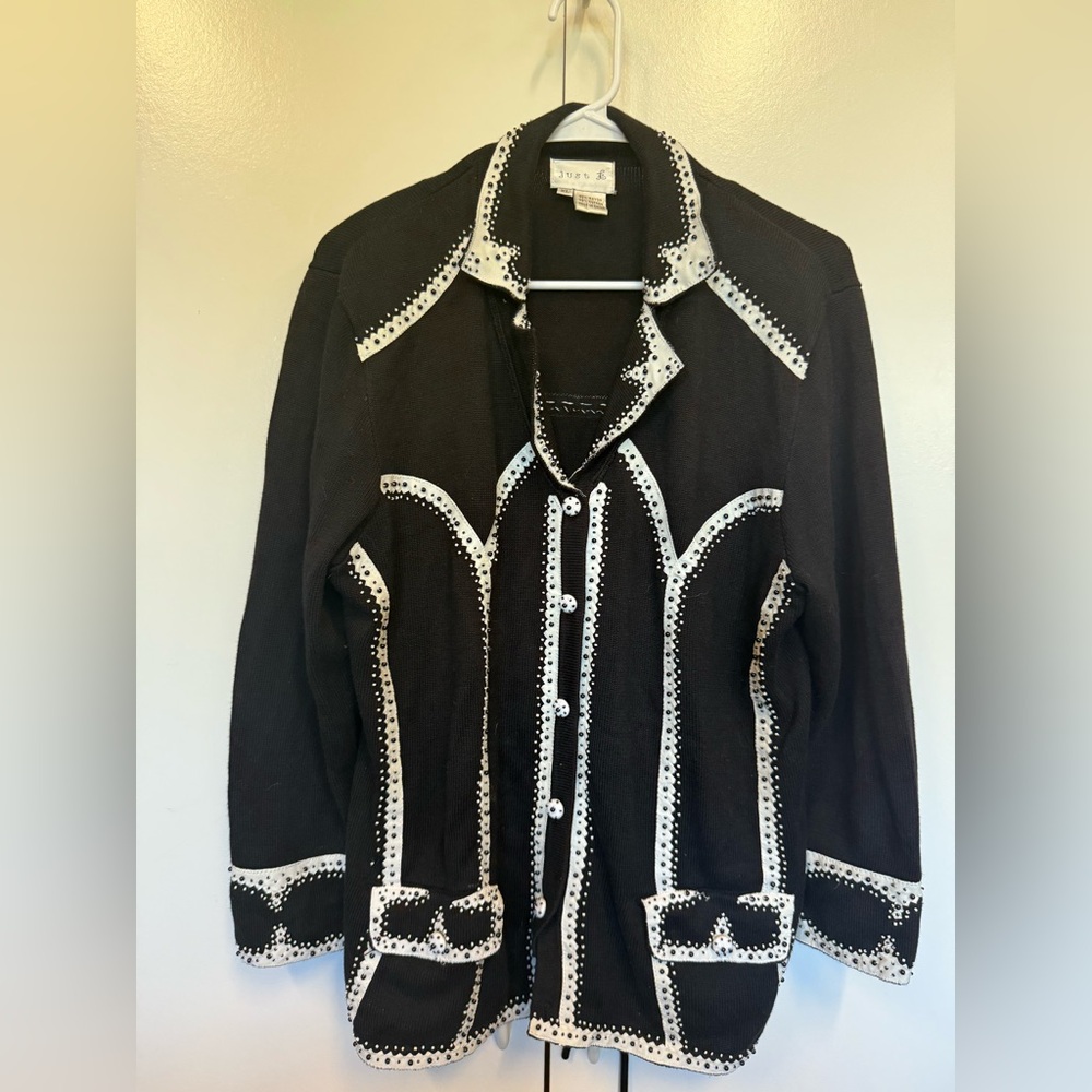 Gorgeous Just B sweater in black and white.  Nice embellishments and buttons.